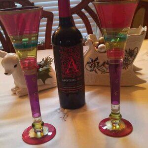 Festive Stripes Set of 2 Champagne Flutes Hollow Stem Hand Painted Bohemian Glas